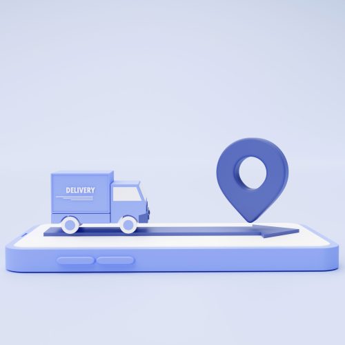 Delivery truck on smartphone with location pointer shipping to customer e-commerce concept on blue background 3d illustration